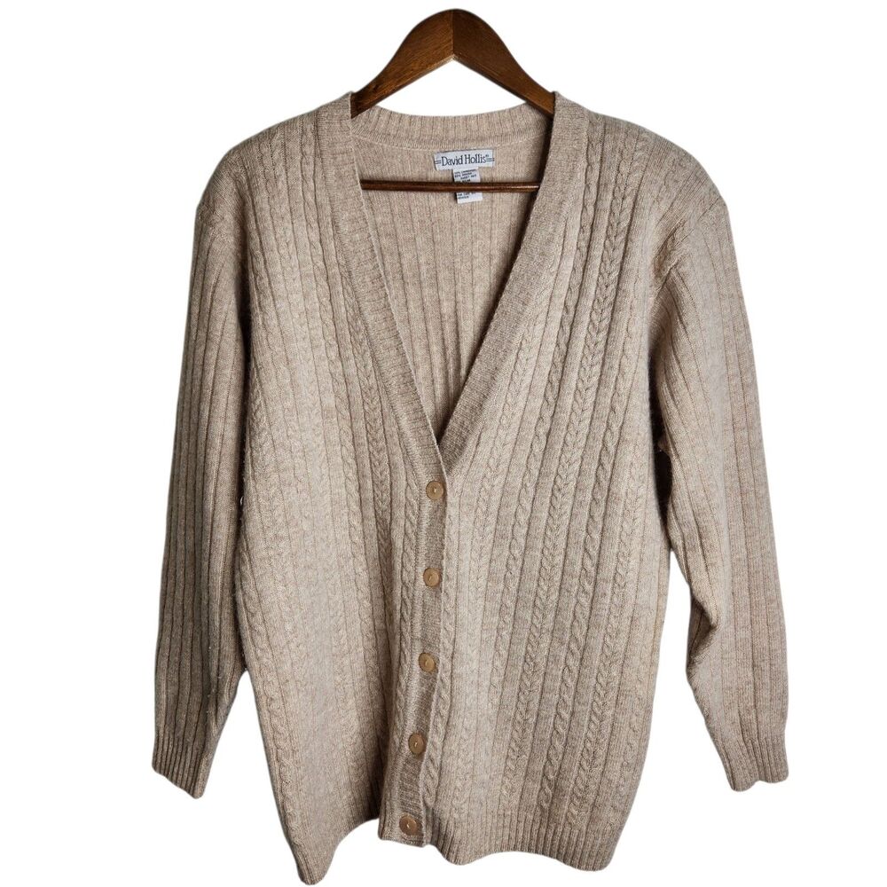 Vtg David Hollis Beige Angora Lambswool Blend Womens Cable Knit LS Cardigan Sz L